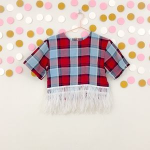 T&J Designs Blue Plaid Feather Crop Top